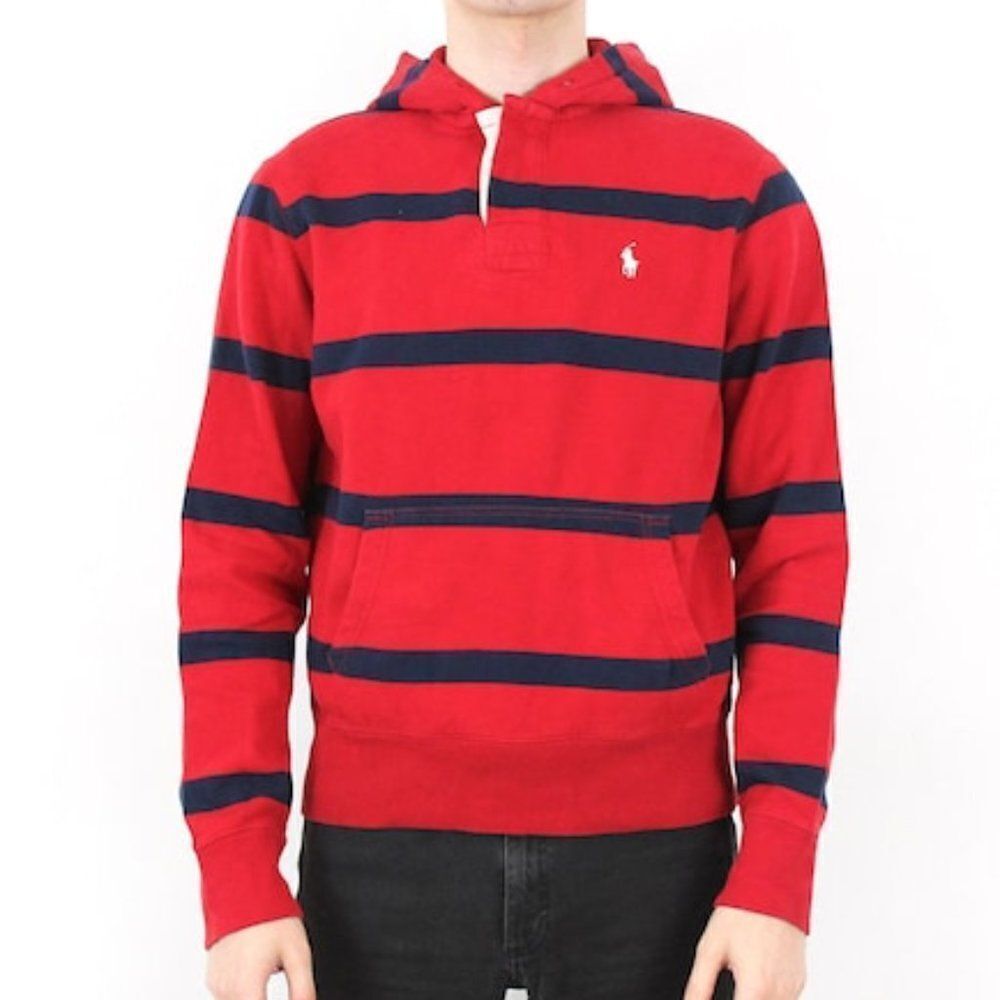 Polo Ralph Lauren Big Kids' Red Striped Pony Logo Hooded Sweatshirt Size Large